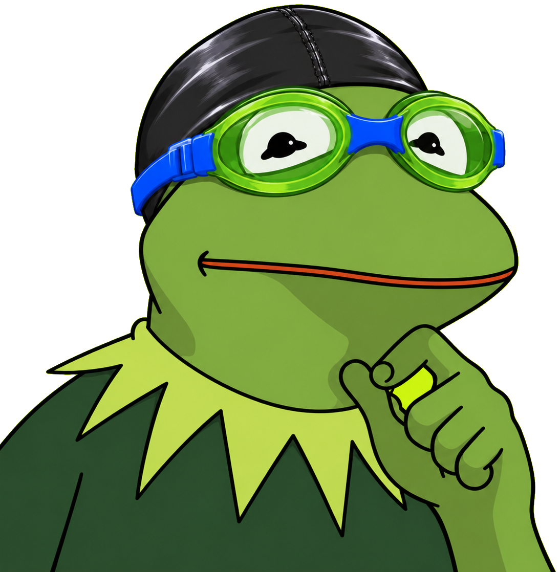 Robin the Nasfrog wearing a swim cap and green goggles